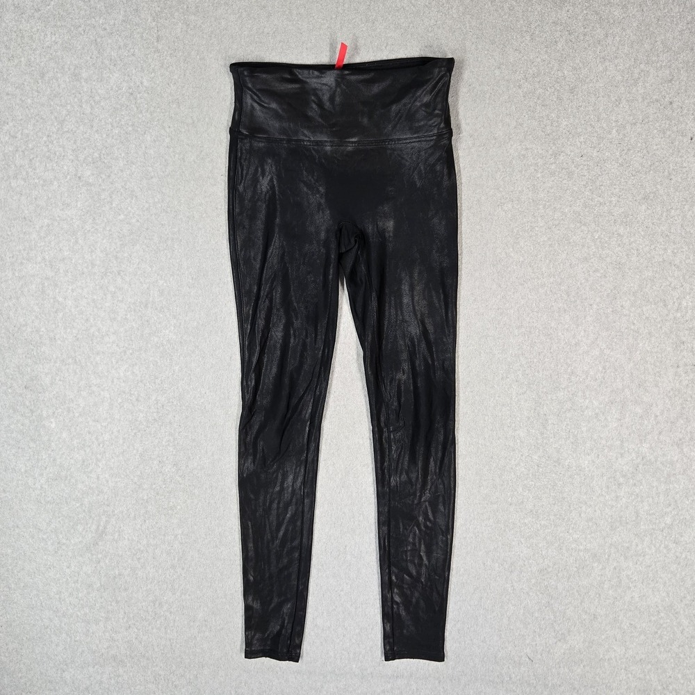 Spanx Women Legging S Black Faux Leather Mid Rise Skinny Nylon 27" Inseam